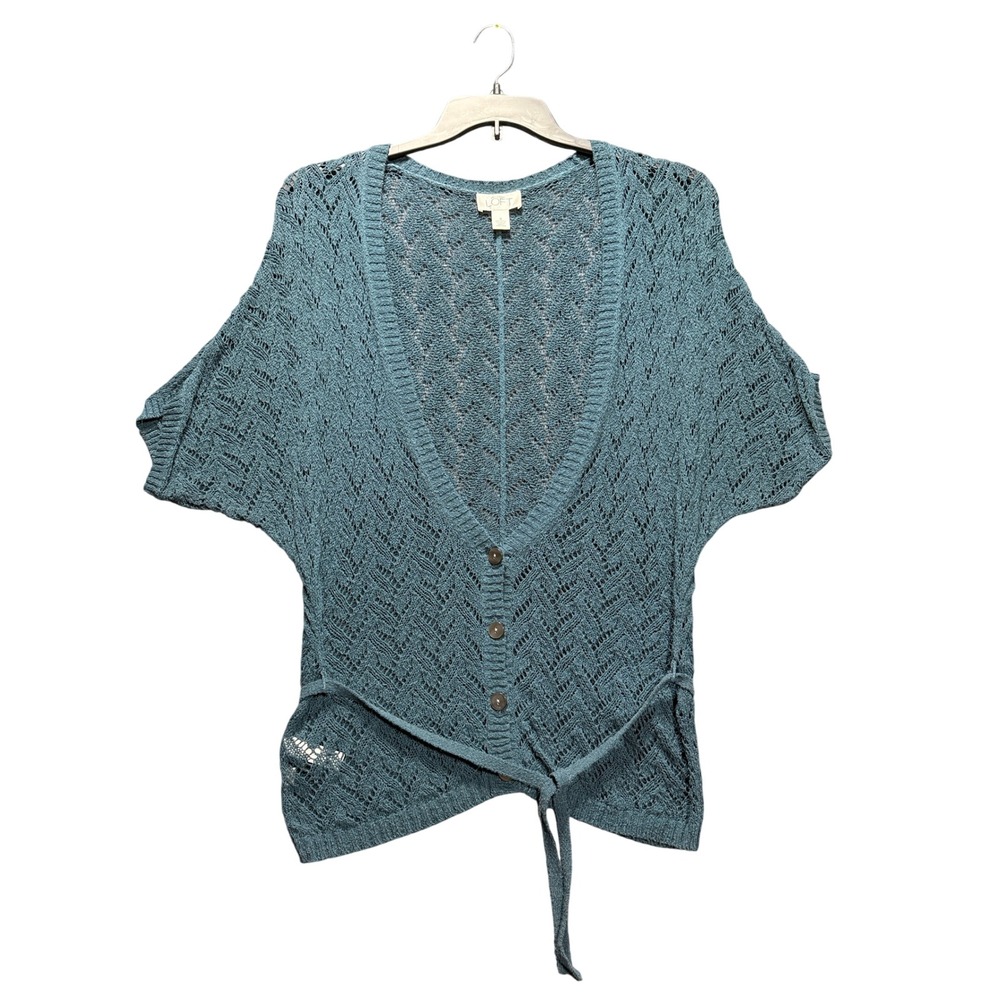 LOFT Cardigan Sweater Women Small Blue Green Pointelle Knit Short Sleeve Tie